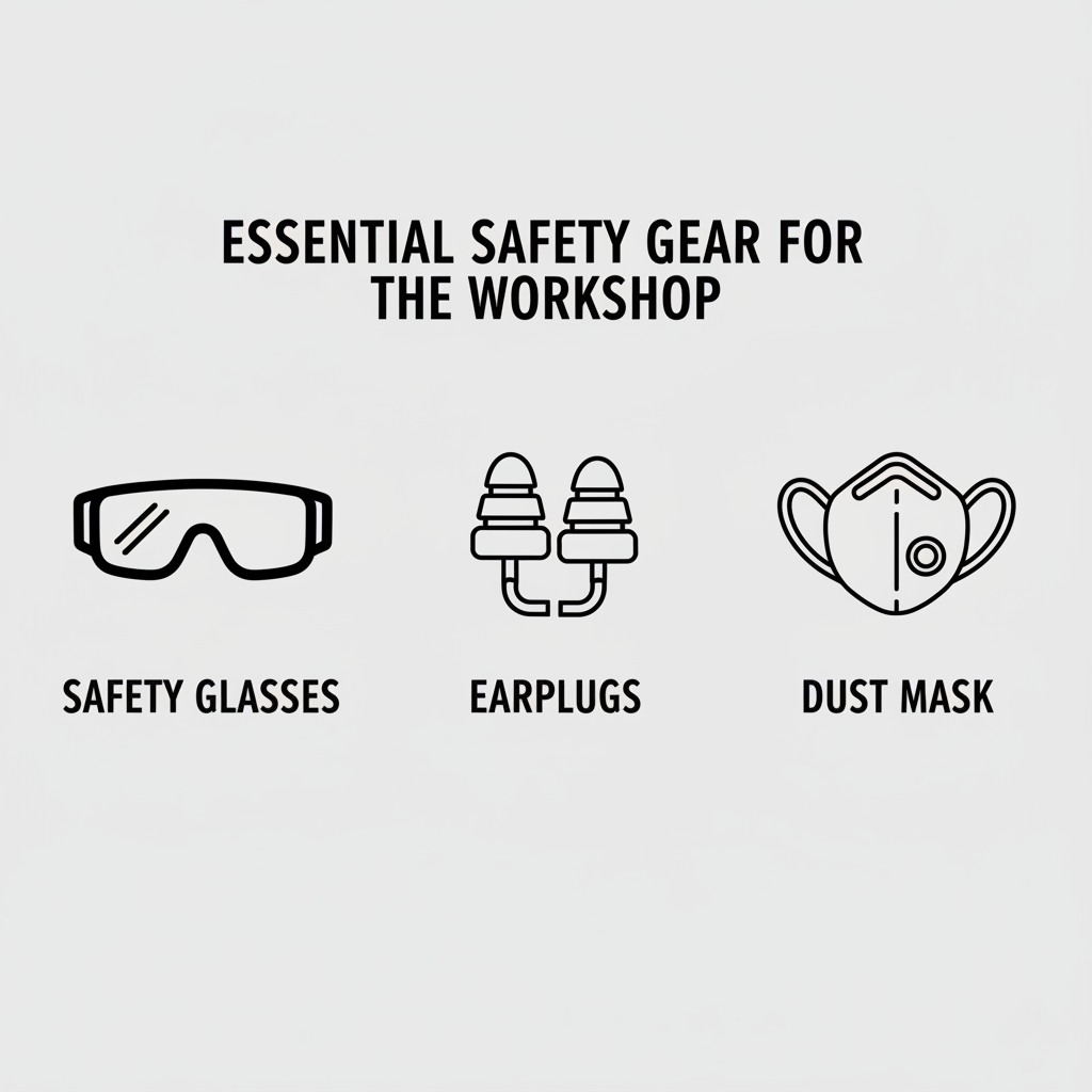 Safety Infographic – Simple graphic showing safety glasses, earplugs, and a dust mask.